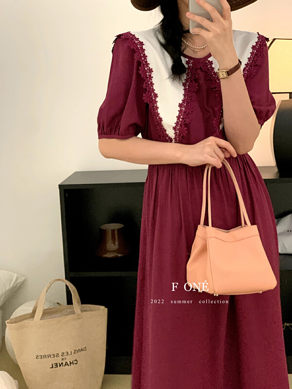 [f one] Korean style embroidery contrast large lapel dress 66201\wpl
