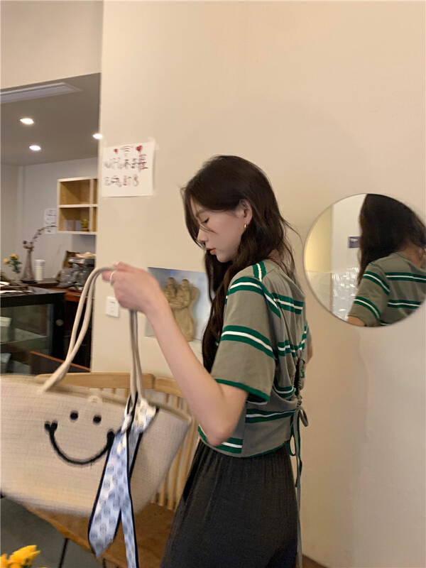 [fan fan] fashion Korean stripe back strap short sleeve T-shirt 5861\jj