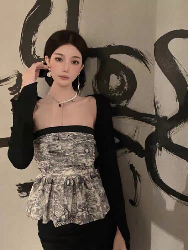 [x · h studio] retro three-dimensional pleated printed slim bra shirt 8086\ozq