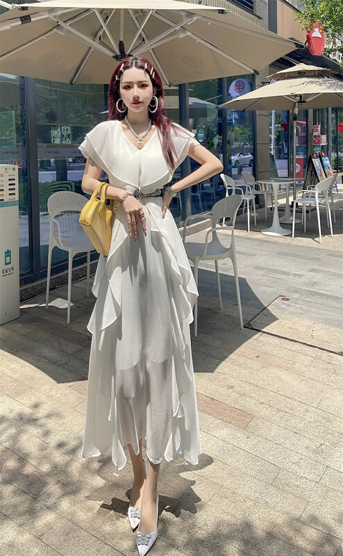 [Milan] French elegant V-neck Ruffle Skirt Dress (with belt) 60766\jj