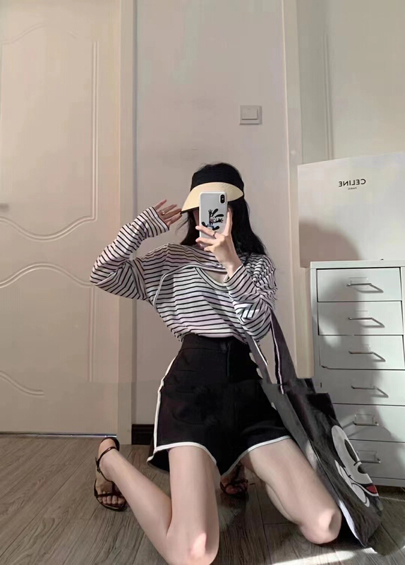 【 lidada 】 round neck Korean striped sunscreen Top + loose and versatile Shorts Set 2460\hbx