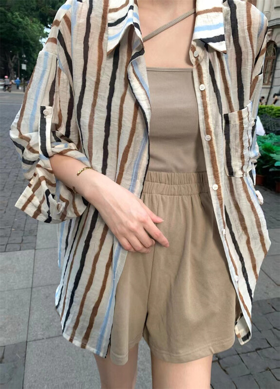 [Lina] fashion stripe fresh and versatile shirt (with suspender) 9076\zxx