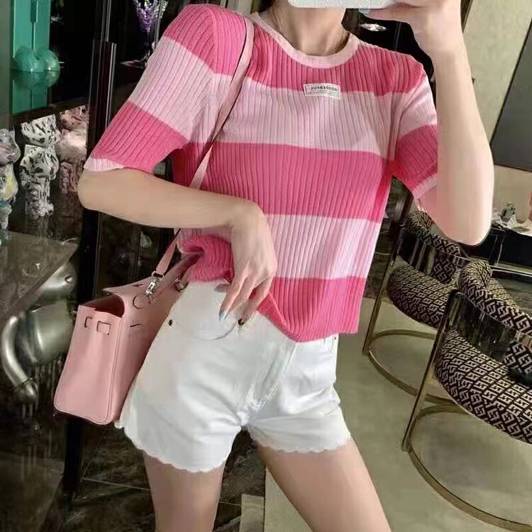 [wlady/npj supporting actress] round neck contrast stripe short sleeve T-shirt w522\wtt