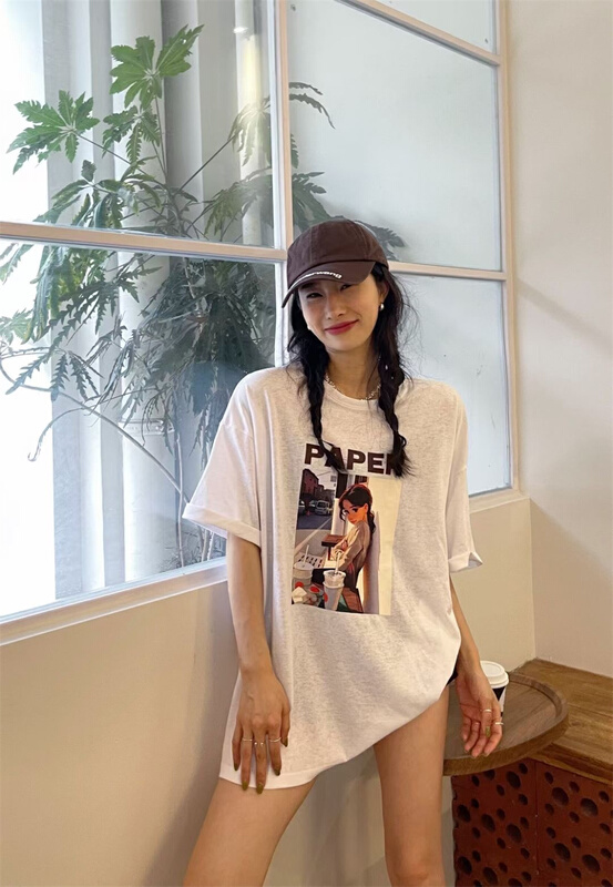 [al] medium long loose cartoon letter printed short sleeve T-shirt 6626\wpl