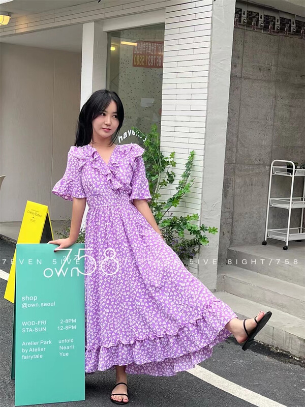 [7even5ive8eight] V-neck floral versatile dress 1831\hjy