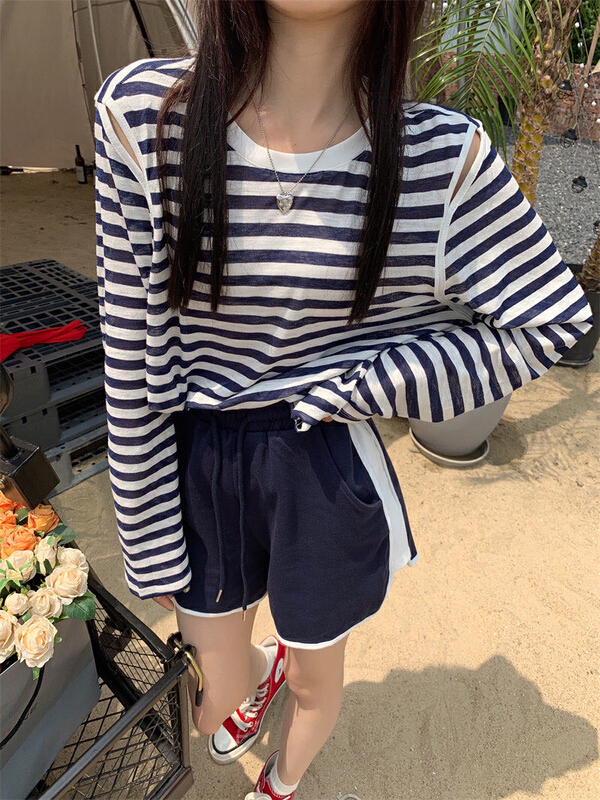 [Xiangli] stripe sunscreen long sleeve T-shirt + loose wide leg casual Shorts Set 8569\pcz