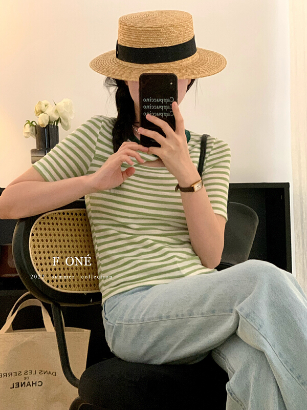 [f one] Korean slim fit design round neck stripe short sleeve T-shirt 52091\wpl