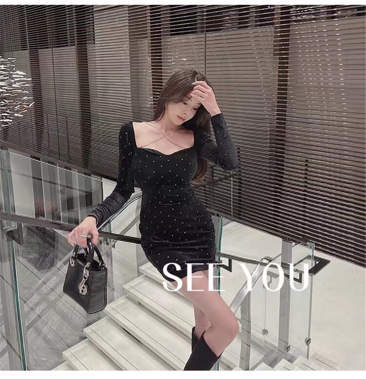New year in early spring! [see you] sexy style hot drill square neck dress (without chain) ys1-8389\hjy