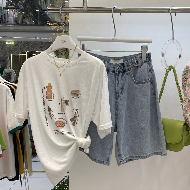 [Mihe] Korean versatile short sleeve T-shirt with personalized pattern (T-shirt only) 2551 \wpl