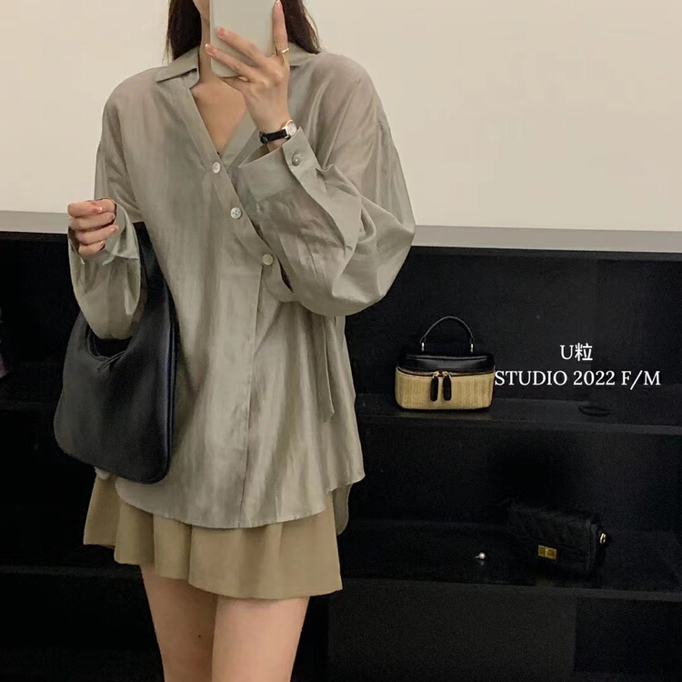 [U grain] summer V-neck diagonal buckle design sense Tiansi sunscreen shirt 6229\hbx