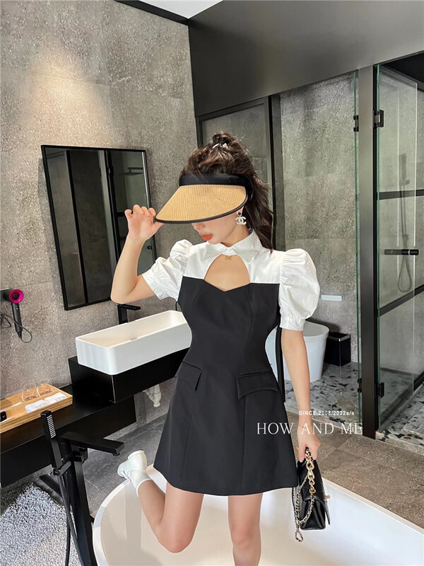 [how and me] bubble sleeve waist closing Korean dress 7190\lsl