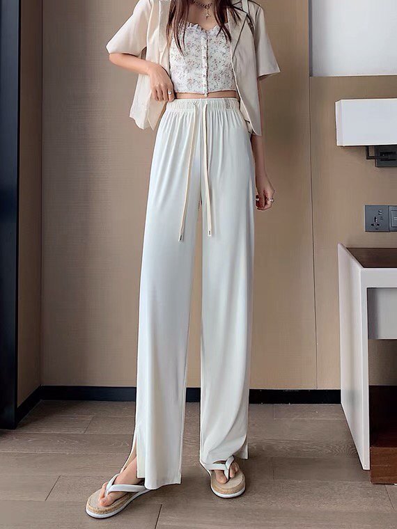 [Xiangli] ice silk split High Waist Wide Leg casual pants 8952\pcz
