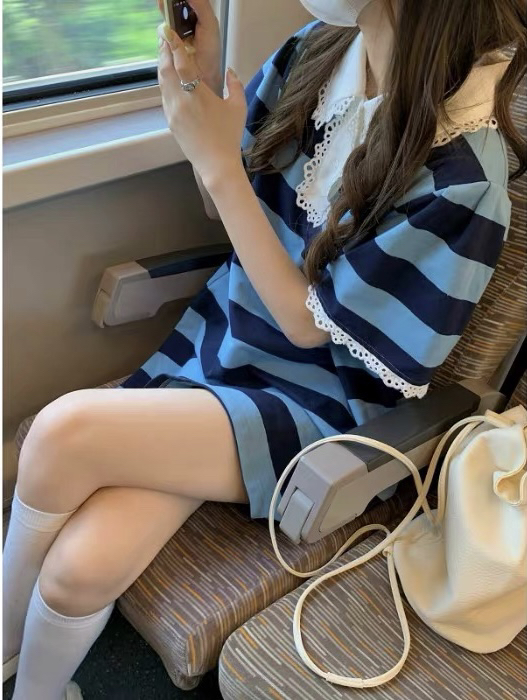 [f · P] French Polo Neck Lace stripe dress h335\hbx