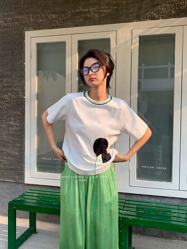[neihe] love design contrast short sleeve T-shirt 11562\zxx
