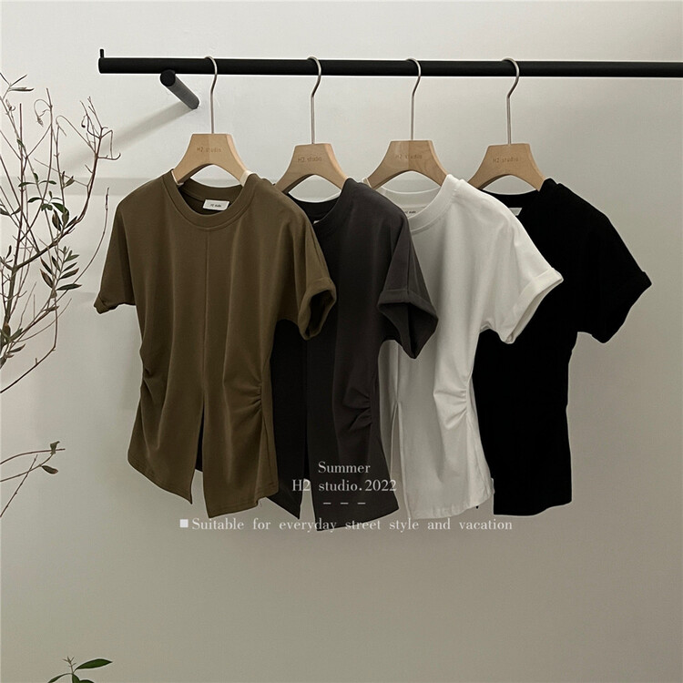 [h2-studio] round neck, slim waist, versatile short sleeve T-shirt a1098\hbx