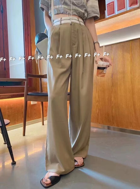 【F】 Korean simple waist color contrast versatile wide leg pants 1556\hbx