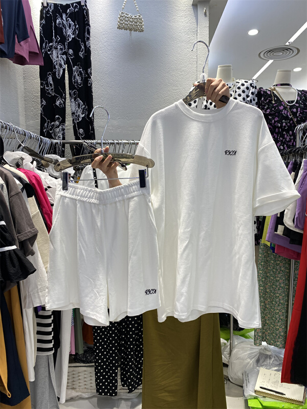 [al] letter embroidered short sleeve T-shirt + loose casual Shorts Set 6228\wpl