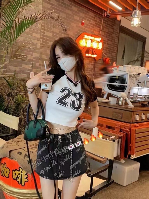 [Han Xier] fashion letter printed denim skirt pants ys4-9125\hbx
