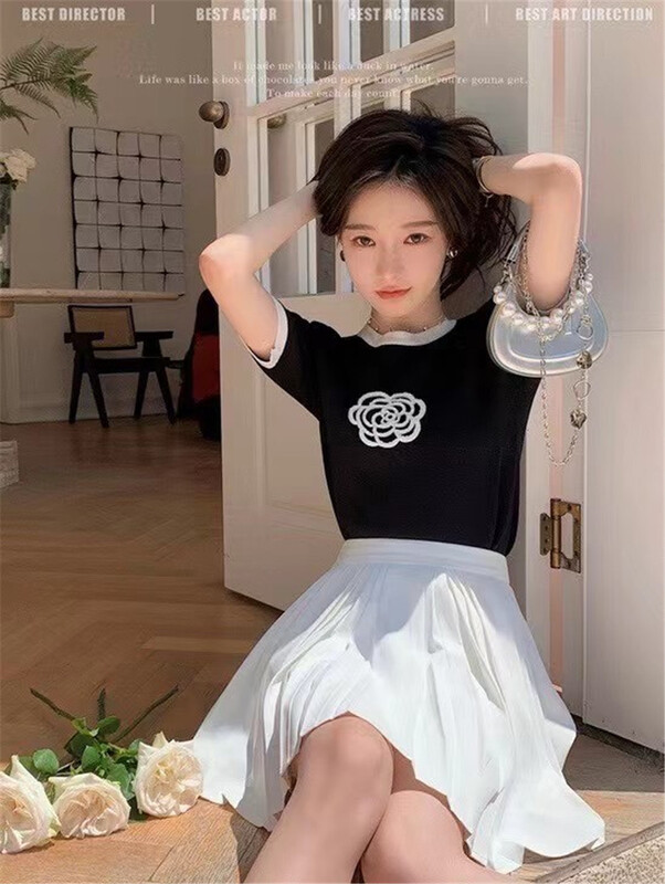 [Linna] contrast color round neck Camellia short sleeve T-shirt 82853\jj