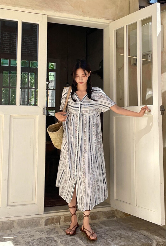 [acme ground] striped V-neck Pleated Dress 1591\cls