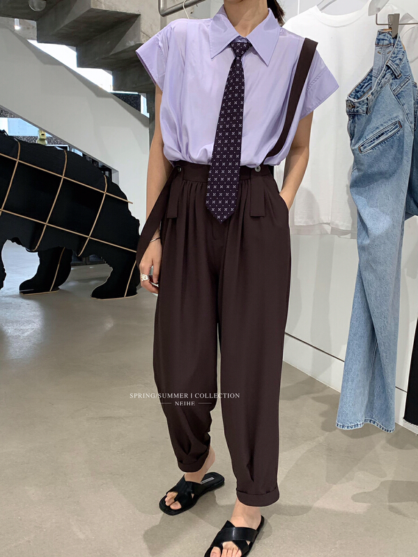 [neihe] high waist solid color simple strap pants (with removable strap) 22306\zxx