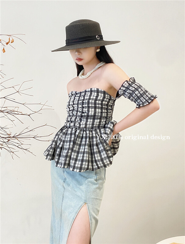 [YX] a line neckline Plaid pure desire wind small shirt (only selling small shirts) 7018\zjy
