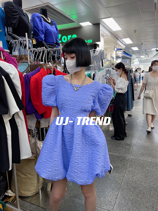[ujtrend] French jacquard bubble sleeve backless dress 922\wtt