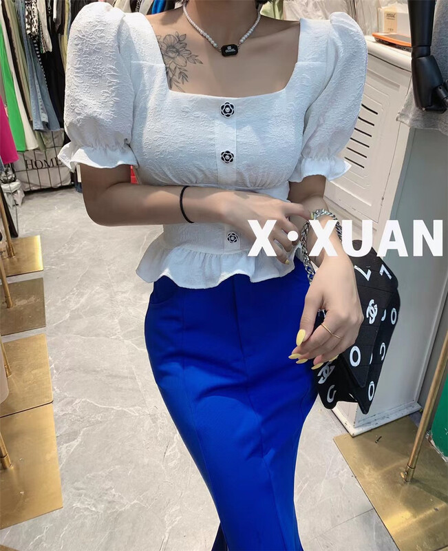 [x.xan] little woman's square neck bubble sleeve waist shirt 7555\pcz