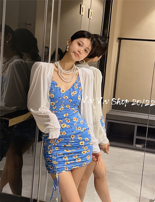 Recommended by buyers! [v.v] Korean slim drawstring printed suspender dress (with blouse) 7307\zxx