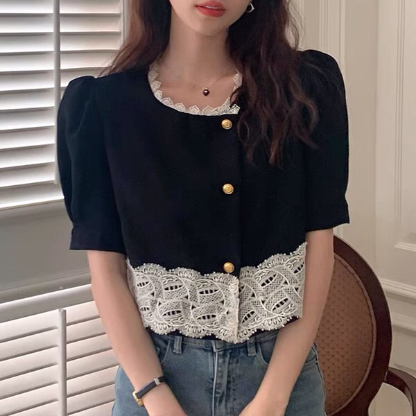 [Xiangli] xiaoxiangfeng lace lace bubble sleeve button up blouse 6031\pcz
