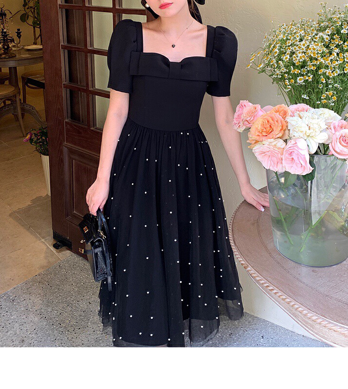 [x · h studio] bow tie, nail bead, high waist, slim short sleeve dress 3159\ozq