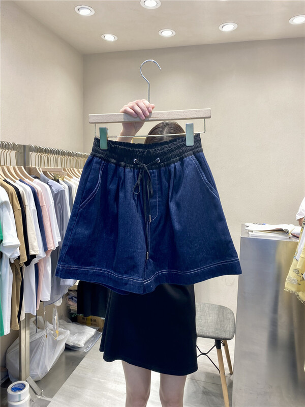 【K】Personalized color matching elastic waist tie loose denim shorts 5253# JJ