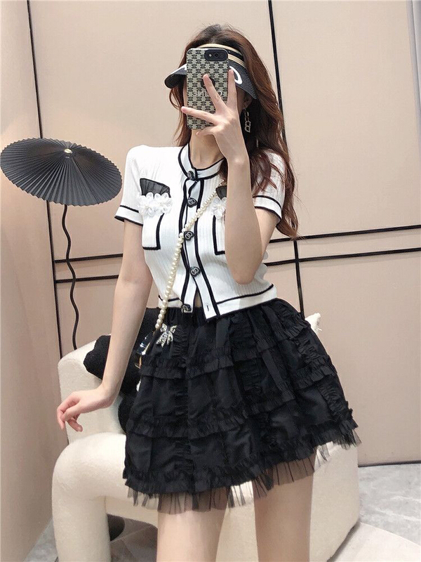 [f · P] light luxury celebrity round neck love button pearl floret short sleeve knitted cardigan 32101\hbx