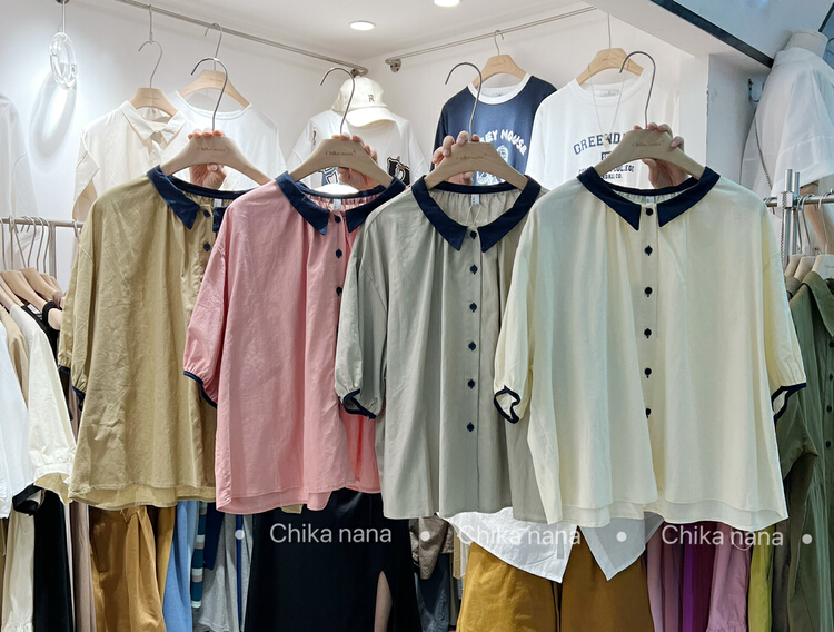 [chika.nana] retro fashion contrast color small Lapel sweet foreign style versatile shirt 9660\jj