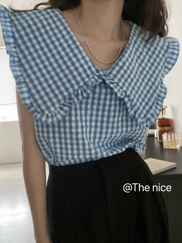 [the nice] Korean design lotus leaf collar Plaid vest / sling a9308\hjy