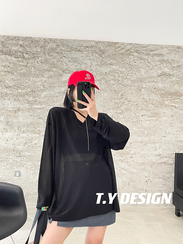 [T.Y tangyuanjia] Korean version solid color V-Neck long sleeve sunscreen shirt 2096\ozq