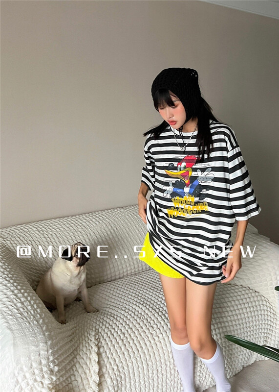 [more] casual round neck stripe cartoon printed short sleeve T-shirt 88173\ozq