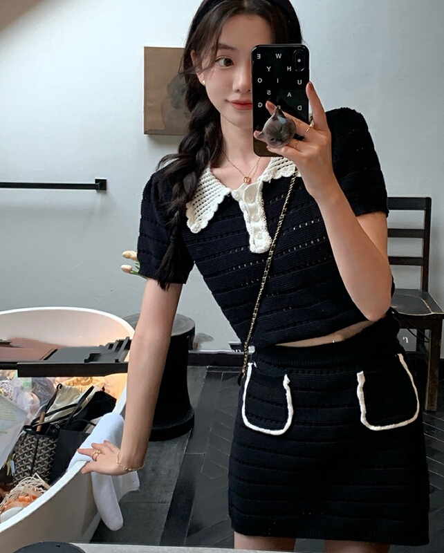 [Amanda] fashion small fragrance sweater + hollow skirt suit 5088\pcz