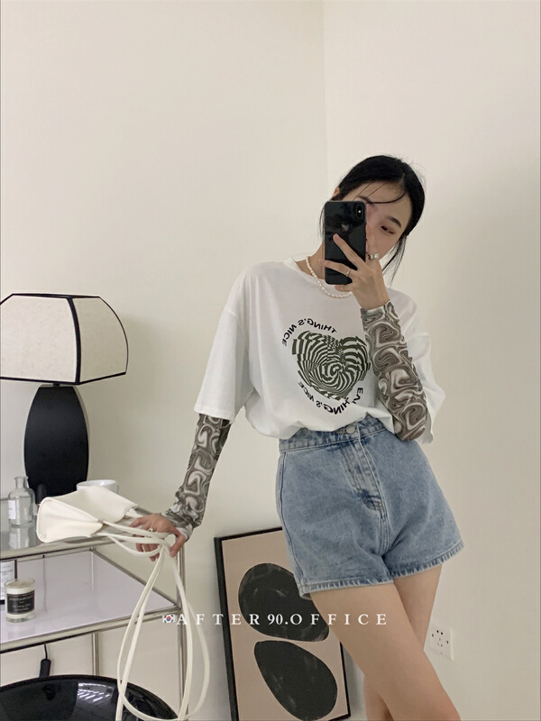 [after.90] trend print versatile fake two piece long sleeve T-shirt a6819\ll