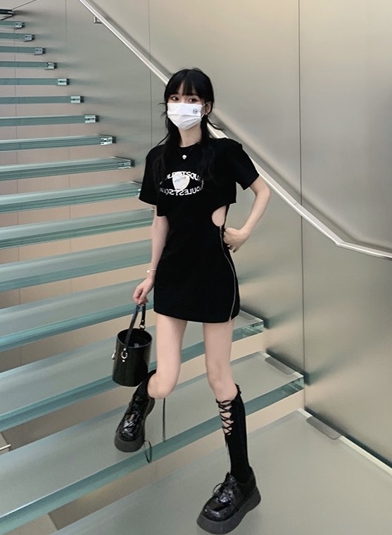 [fan fan] round neck waist closing Printed Dress 8006-1\j