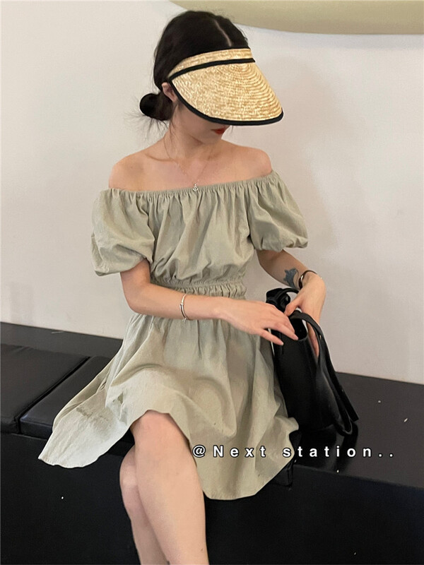 [next station] narrow waist and slim off shoulder bubble sleeve dress 22282\zjy