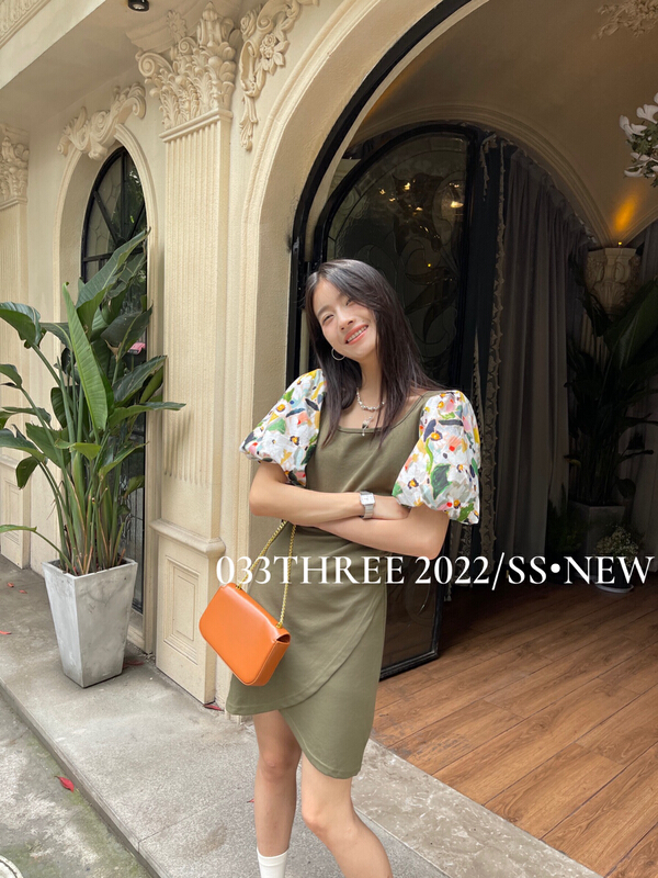 [033three] color blocked square neck Printed Dress 8188\lsl