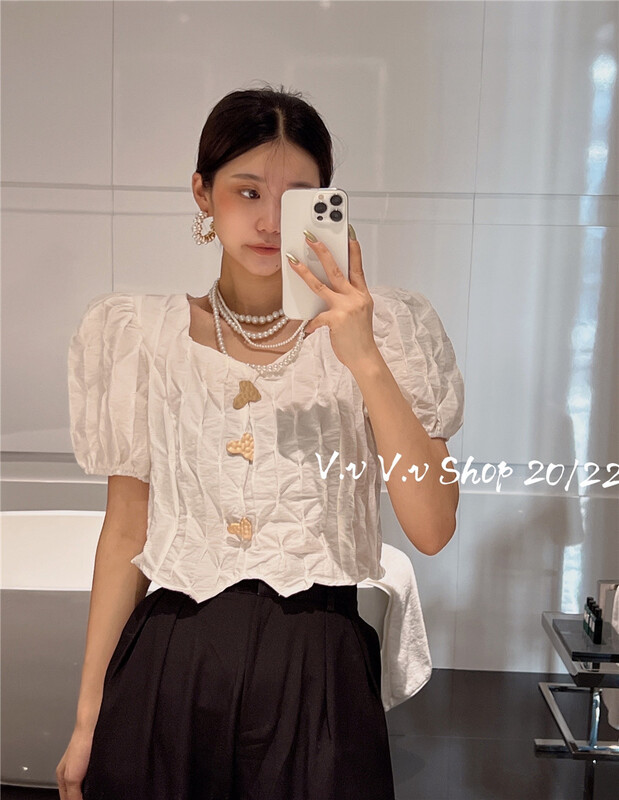[v.v] square neck bubble sleeve love button blouse (only selling blouses) 7337\zxx