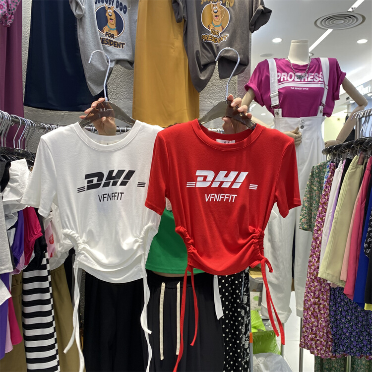 [al] simple casual drawstring letter short short sleeve T-shirt 6506\wpl