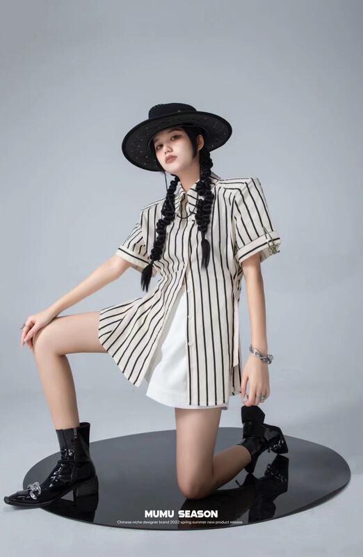 [Mumu season] shoulder pad striped pointed collar shirt 2517\zxl