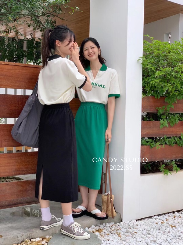 [candy] fashion Polo letter short sleeve + simple and versatile skirt set 9117\zjy