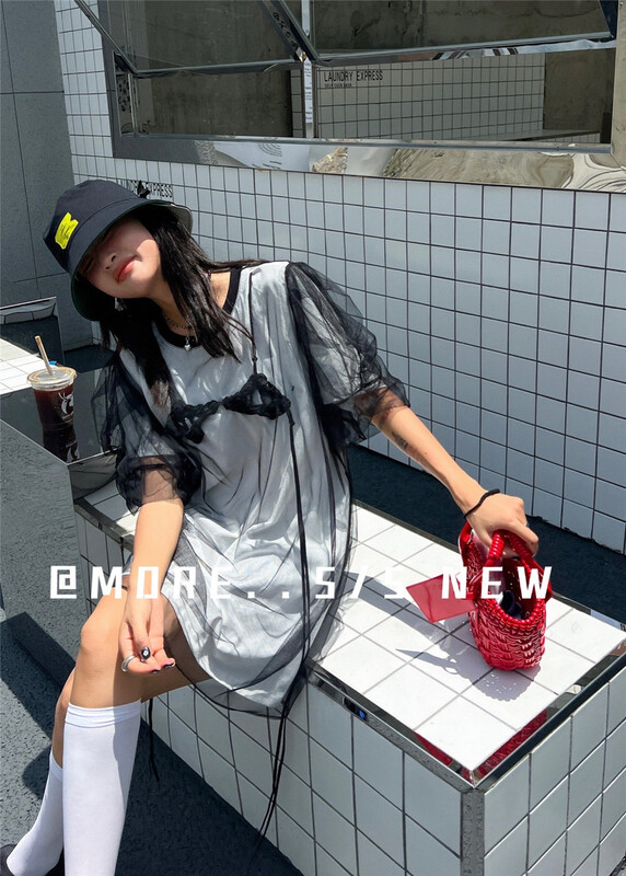 [more] short sleeve stitched fake two piece dress 88185\ozq