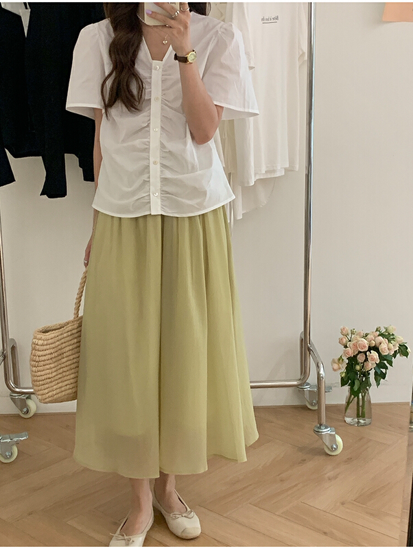 [the mind] fresh and simple V-neck pleated short sleeve shirt 60525\jhy