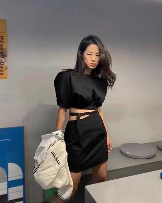 [pepper] hot girl style short bubble sleeve blouse + waistless skirt set 396\pcz