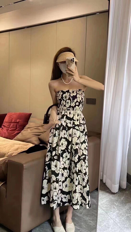 [Zoe Zoe] Korean printed floral pleated elastic strapless dress (dress only) c577\zjy